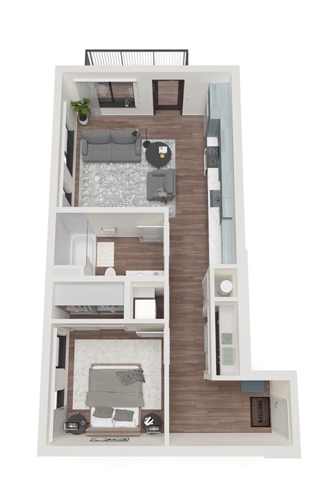 Floor plan for 1 bed, 1 bath, 676 sqft